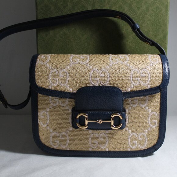 Gucci Handbags - NEW Gucci GG Jumbo Horsebit 1955 Flap Shoulder Bag Raffia Navy Leather 602204